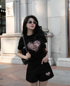 Bộ thun đen in tim ánh kim Hàn Quốc . CP_x6539
